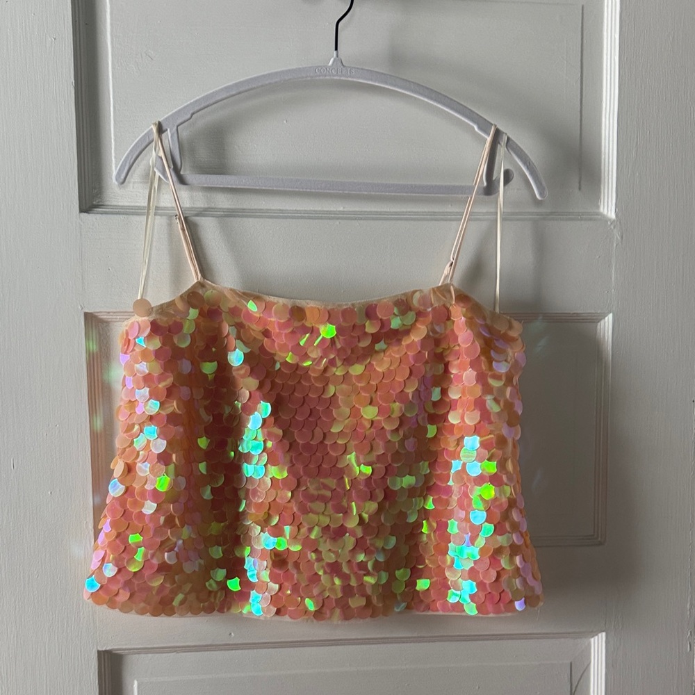 ASTR The Label Peach Iridescent Sequin Top